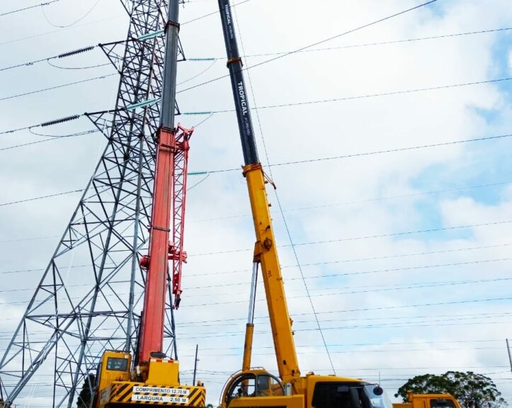 Guindaste realizando montagem de estrutura metálica